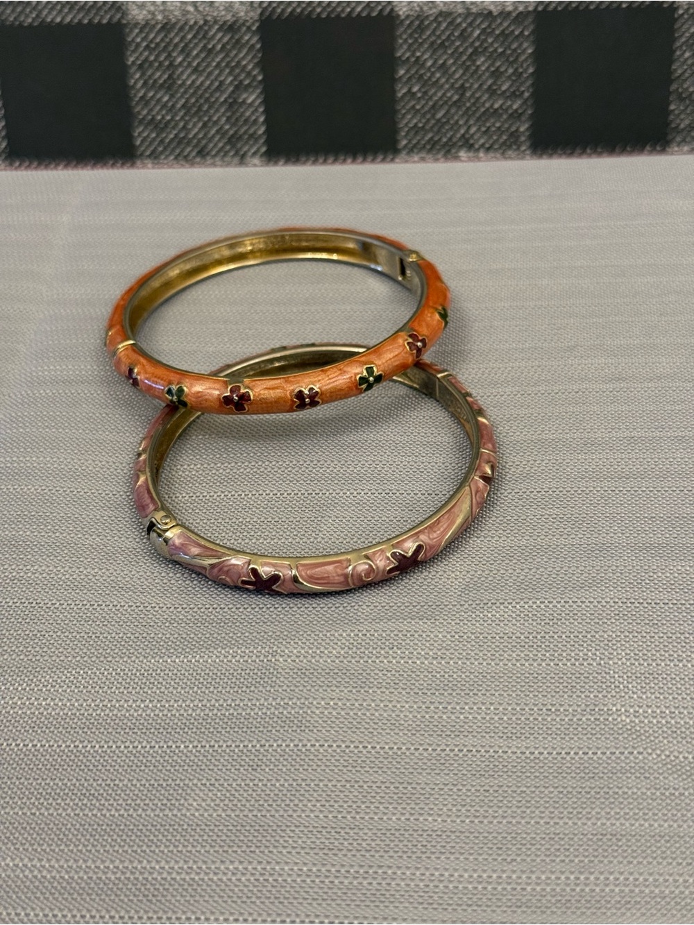 Enamel Floral Hinged Bangle Set - Pink & Orange
